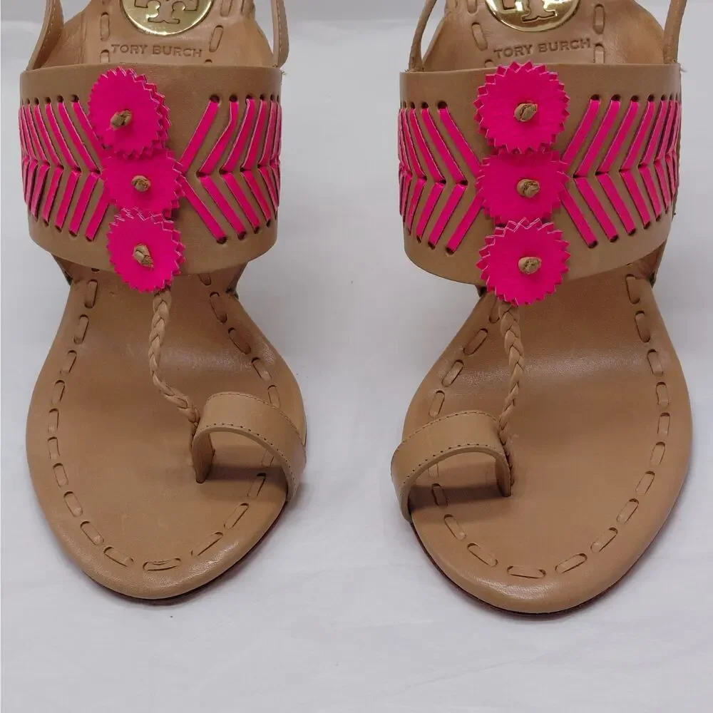 Tory Burch Womens High Heel Sandals Size 7.5 Tan Pink Leather Party Night Out